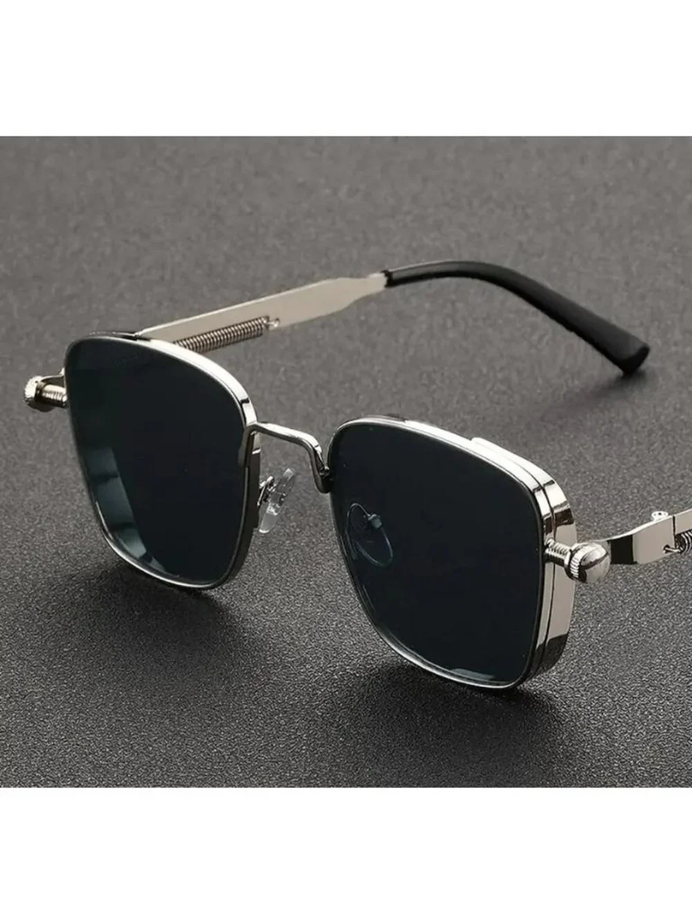 Retro Unisex Square Silver Metal Frame Sunglasses With Black Lenses Spring Hinge